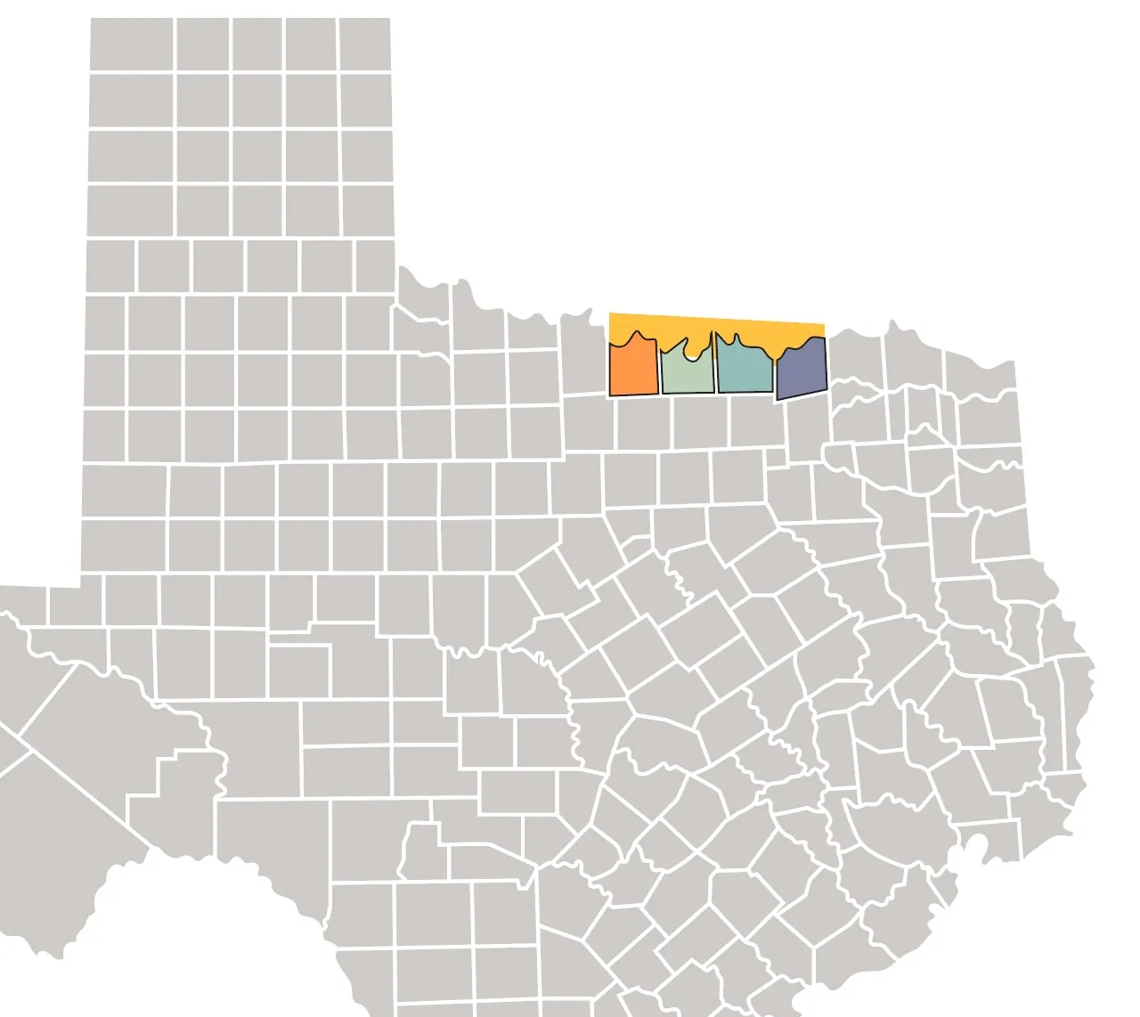 Map of the Texas counties served by Jack Steed Homes